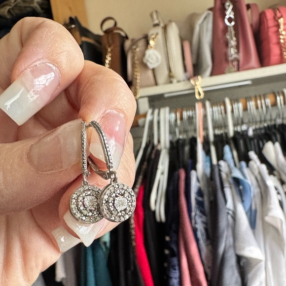 1/10 CT Diamond Halo Dangle Earrings Sterling Silver - Picture 5 of 6